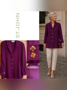 St. John Collection Burgundy Knit Jacket Gold Buttons Embroidered Collar VTG. 14